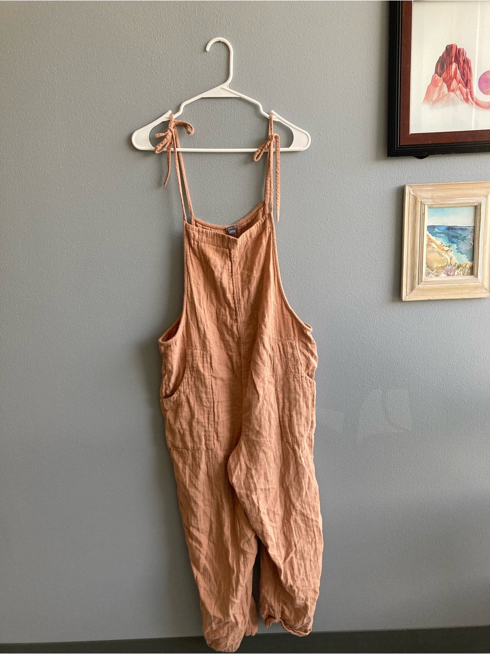 Aerie Lightweight Cotton Gauze Tie-Shoulder Overalls Jumpsuit, Sz Large